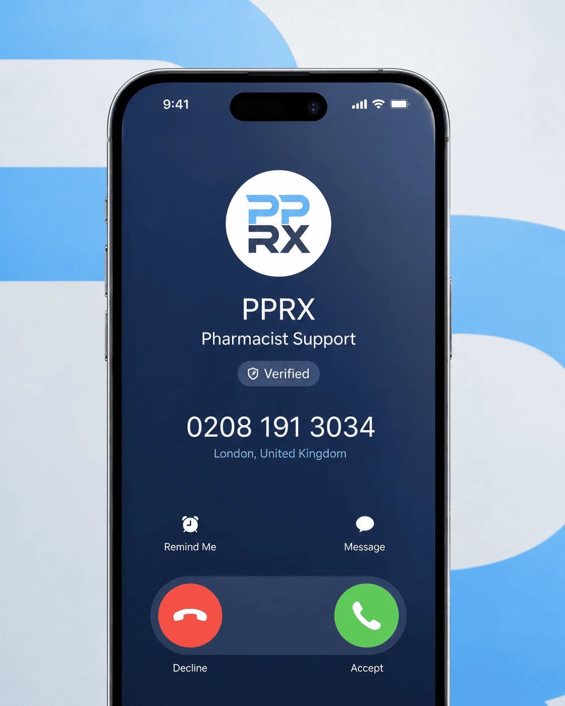An incoming call from PPRX Pharmacist Support — a verified London number