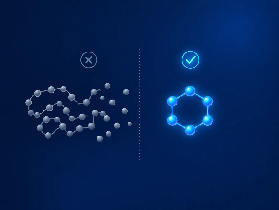 A grey peptide chain breaking apart beside an intact glowing blue ring molecule