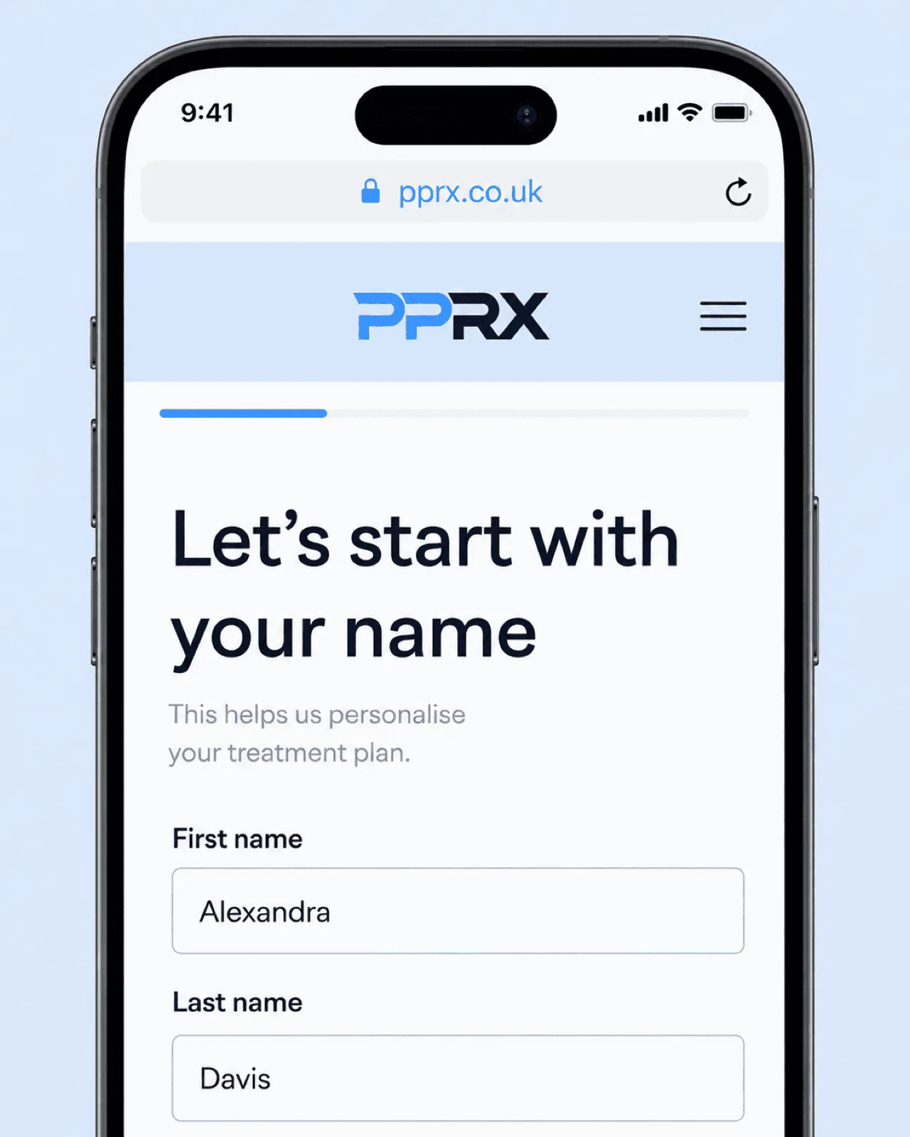 The PPRX online consultation on a phone — the assessment starts with your name