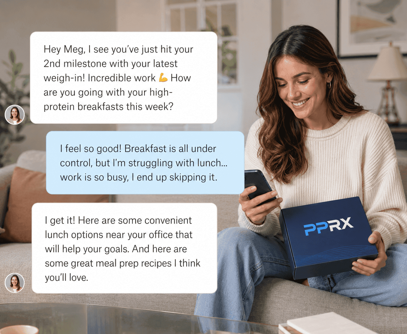 A PPRX member on her sofa messaging her coach, holding her PPRX delivery box