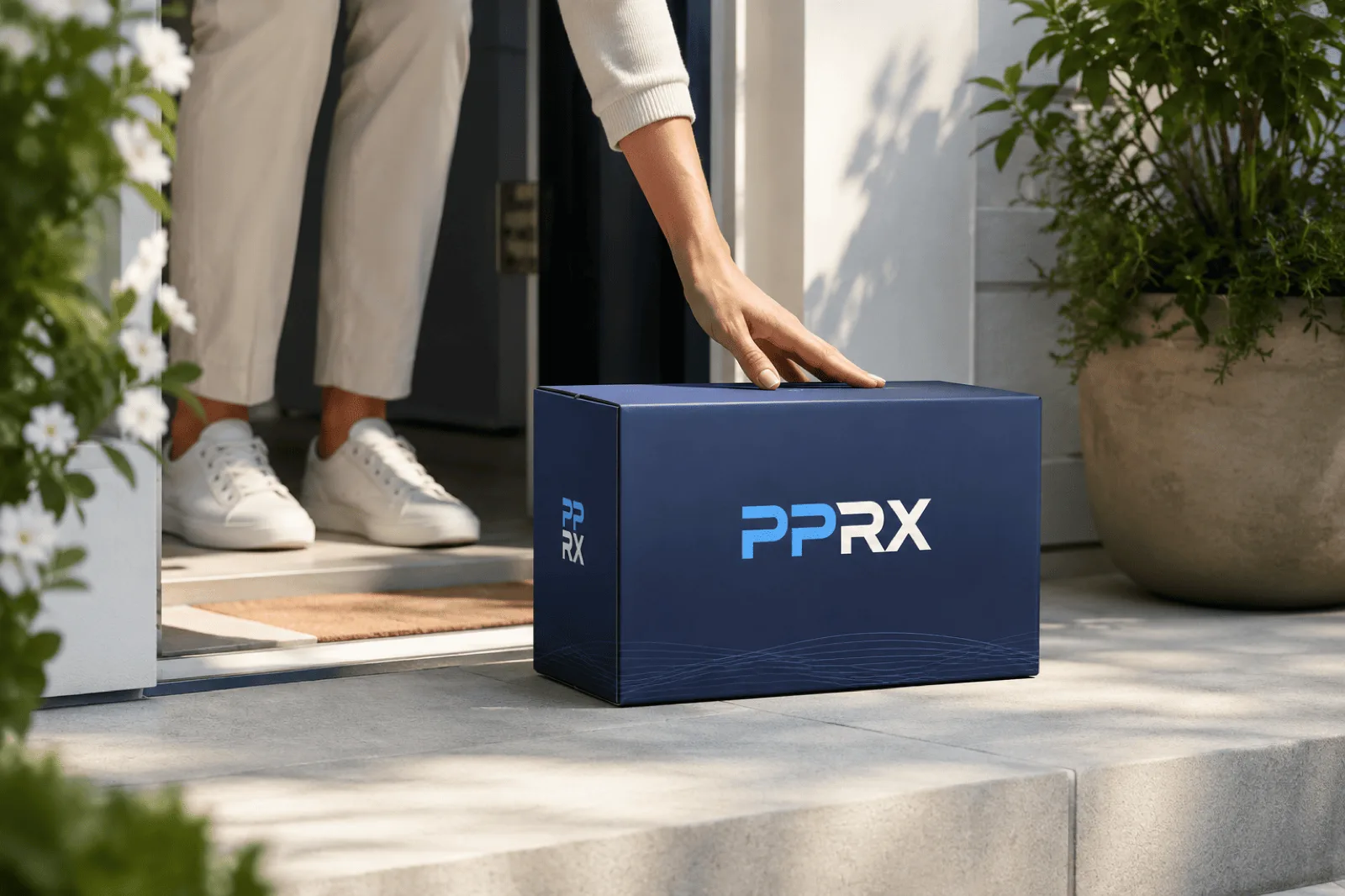 A PPRX delivery box being picked up from the doorstep