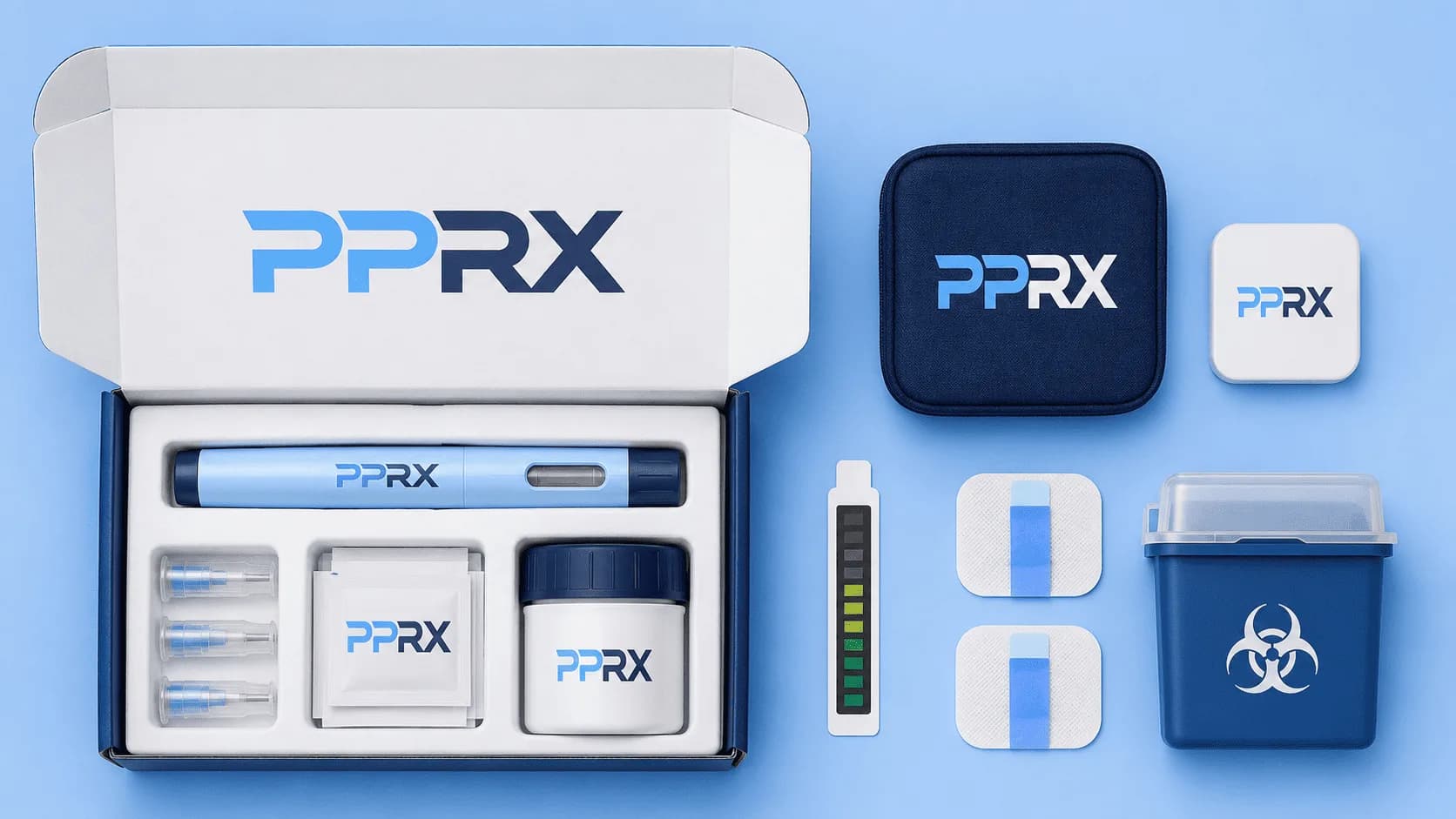 The PPRX kit laid out — pen, needles, wipes, temperature strip, sharps bin and travel case