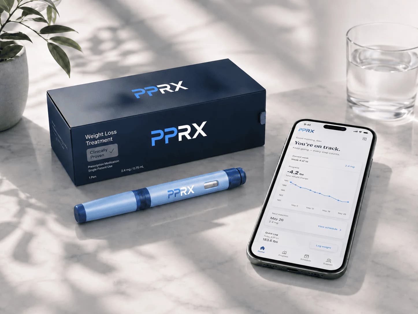 The PPRX weight-loss treatment — medication box, pen and the PPRX app showing weekly progress