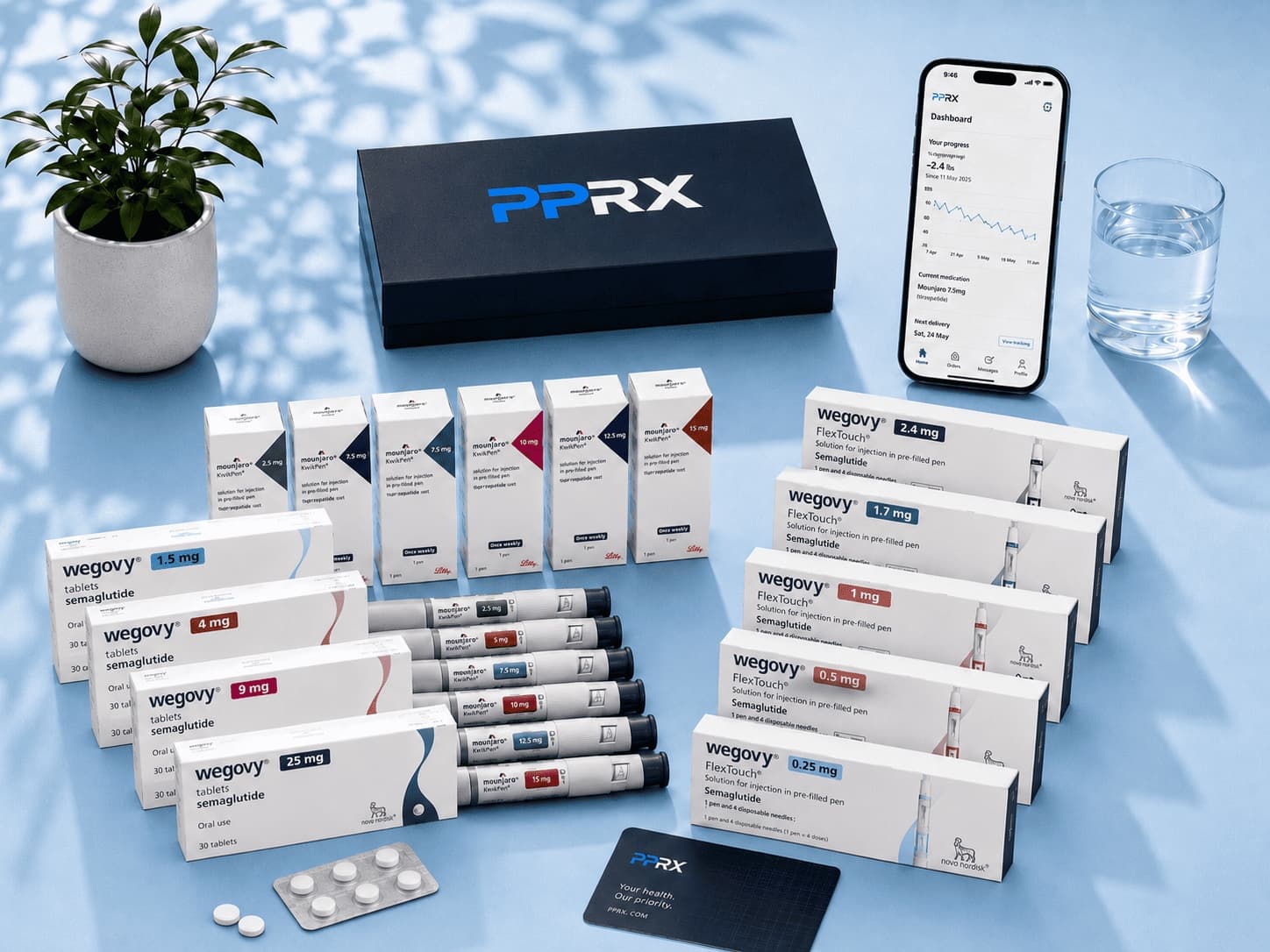 PPRX weight-loss treatments — Mounjaro and Wegovy pens and tablets with the PPRX app showing weekly progress