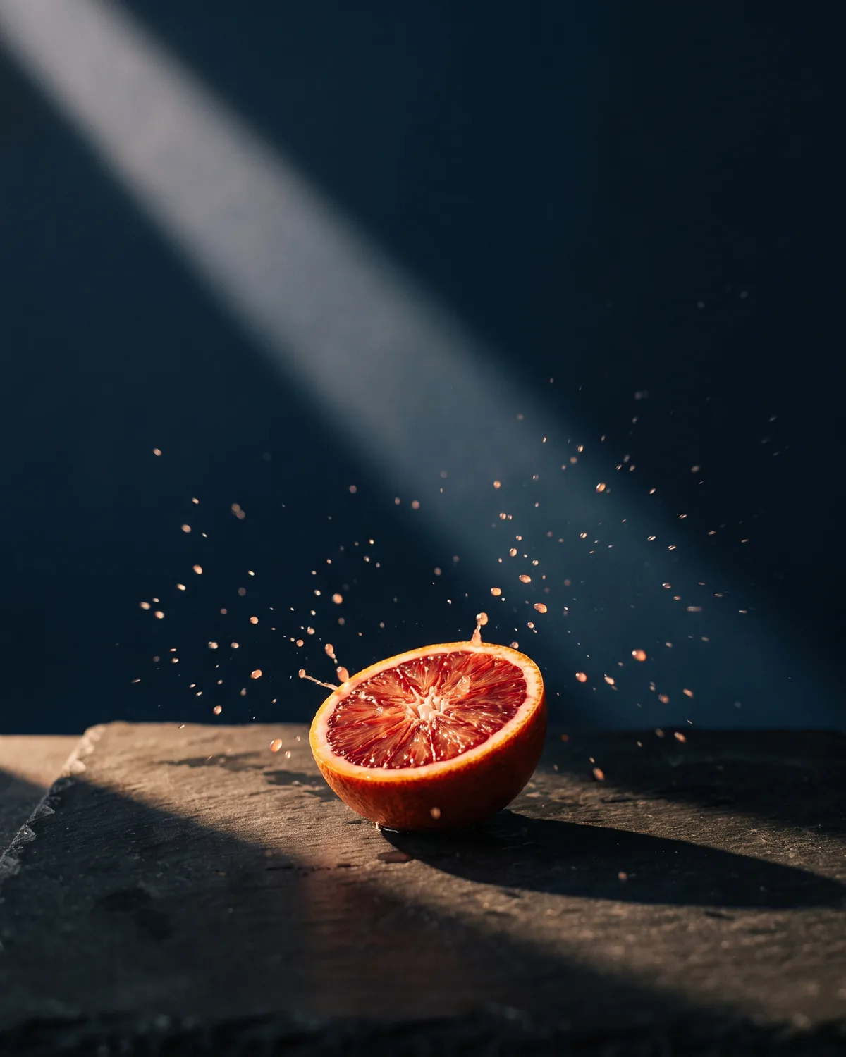 A blood orange cut in half, juice caught mid-burst in a shaft of light