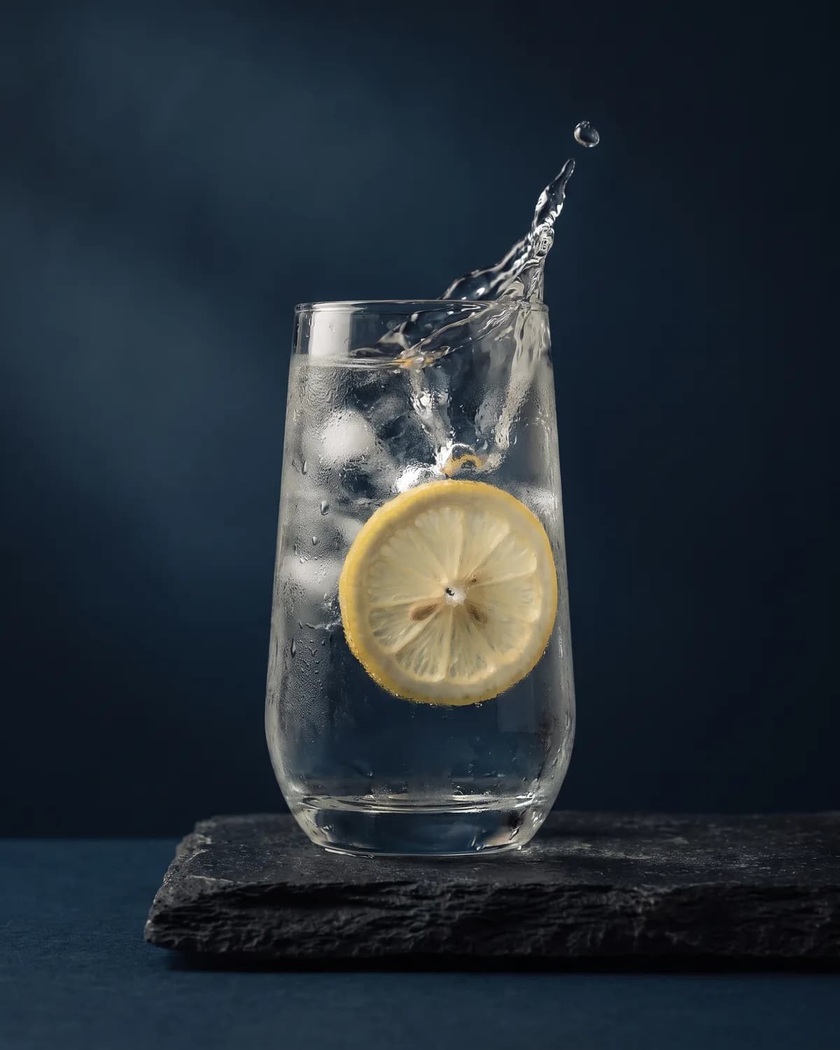 A glass of iced water with lemon, mid-splash