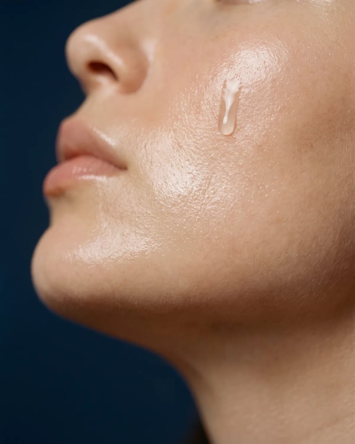 Close-up of dewy skin along a jawline