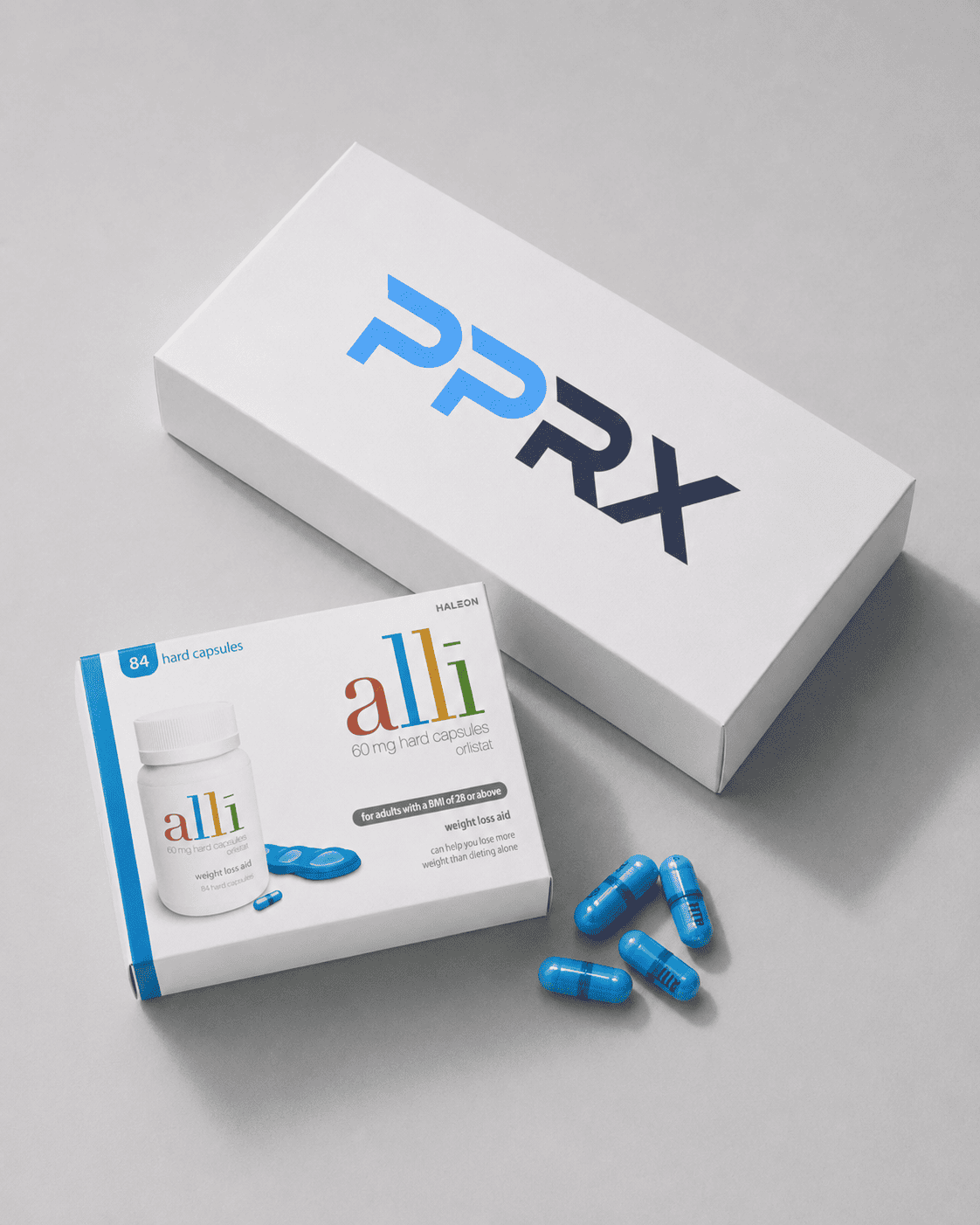 Alli (orlistat 60 mg) tablets with PPRX pharmacy packaging