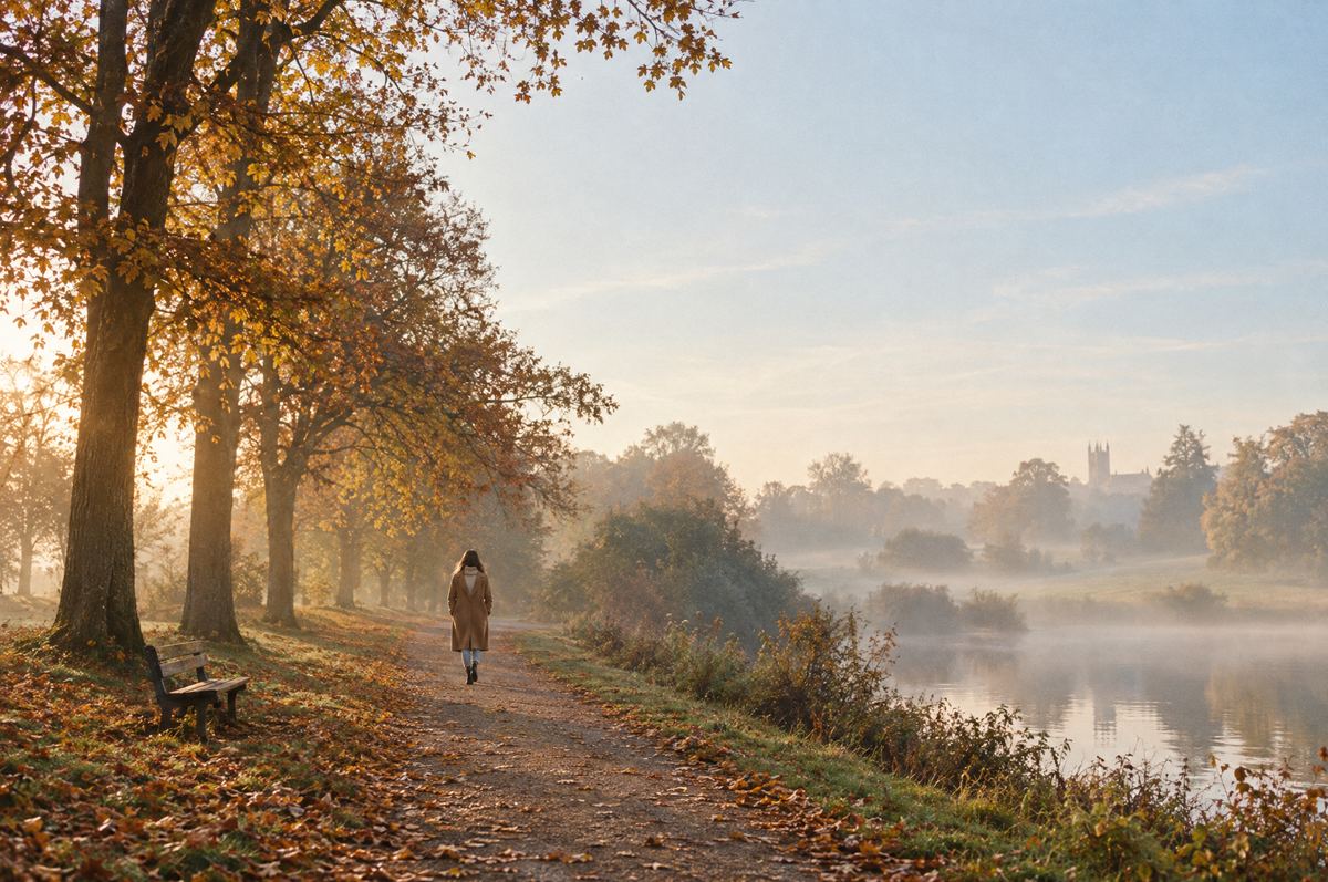 A misty autumn park path lined with golden trees