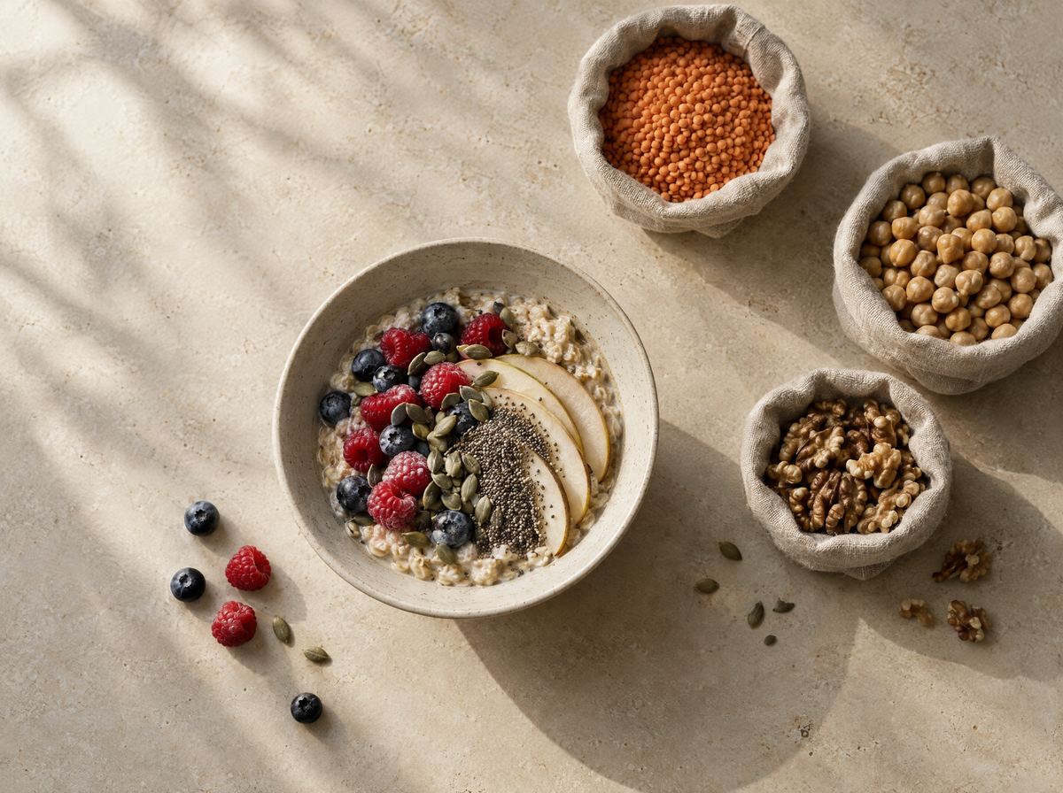 A bowl of oats with berries and seeds beside lentils, chickpeas and walnuts