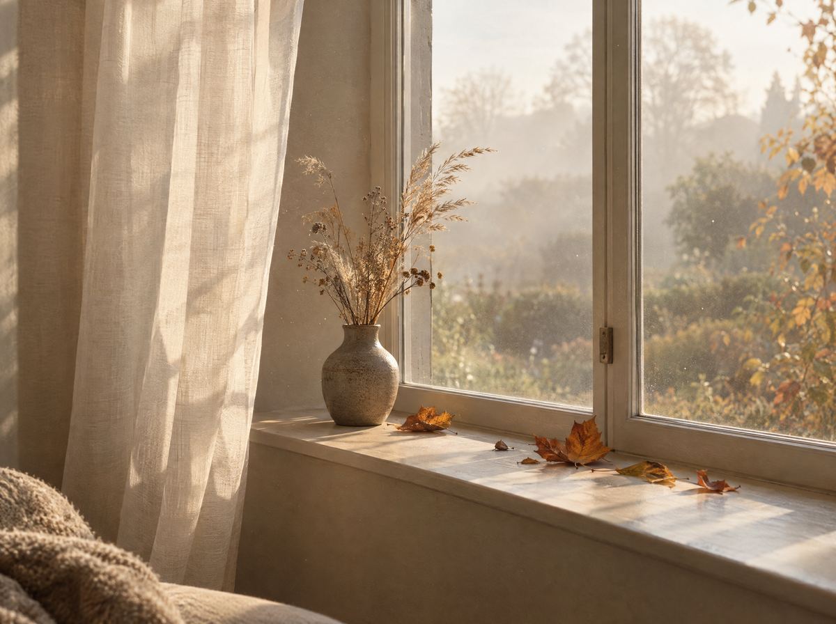 Autumn leaves on a sunlit windowsill