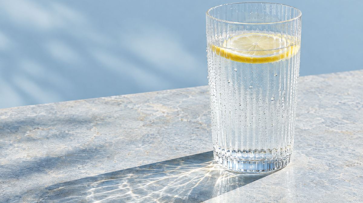 A glass of water with a slice of lemon in the sunlight