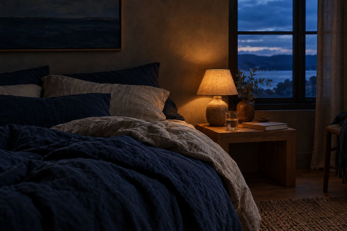 A calm bedroom at dusk lit by a bedside lamp