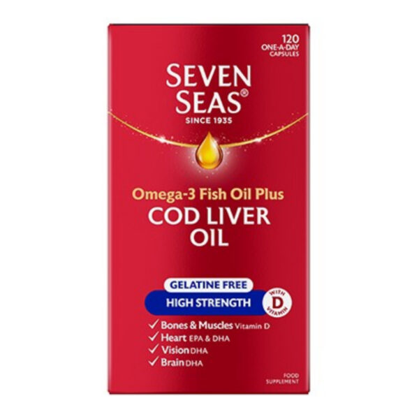 Seven Seas Omega-3 Fish Oil plus Cod Liver Oil Gelatine Free High ...